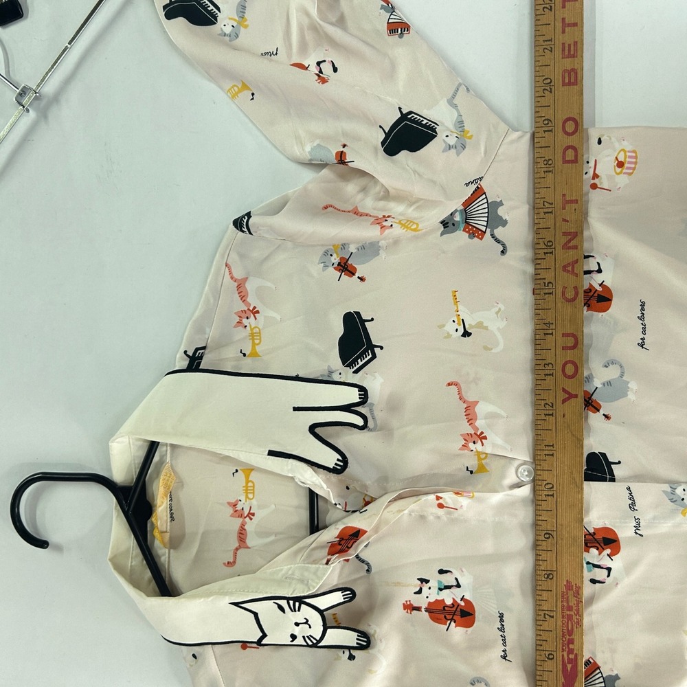 Miss Patina Musical Cat Print Novelty Collar Blouse M Pink Twee Kawaii Whimsical - Picture 8 of 9